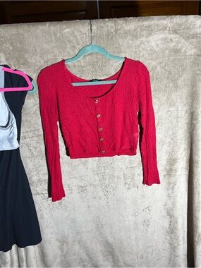 Ambiance Red Ribbed Button-Front Long-Sleeve Crop Top